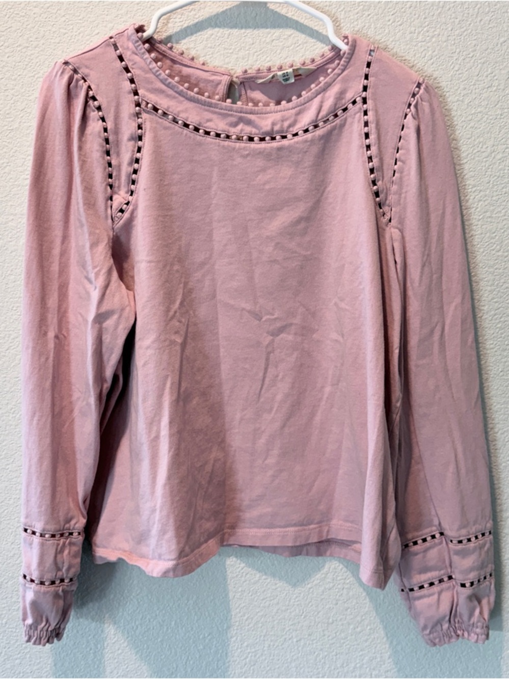 Boden Mila Pom Trim Blouse Pink Girls 12 Boho Cottagecore Puff Sleeve Top